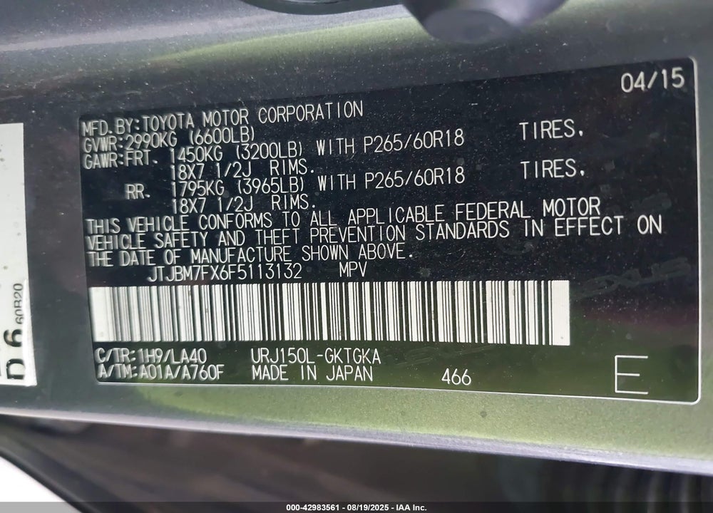 2015 LEXUS GX 460 VIN: JTJBM7FX6F5113132