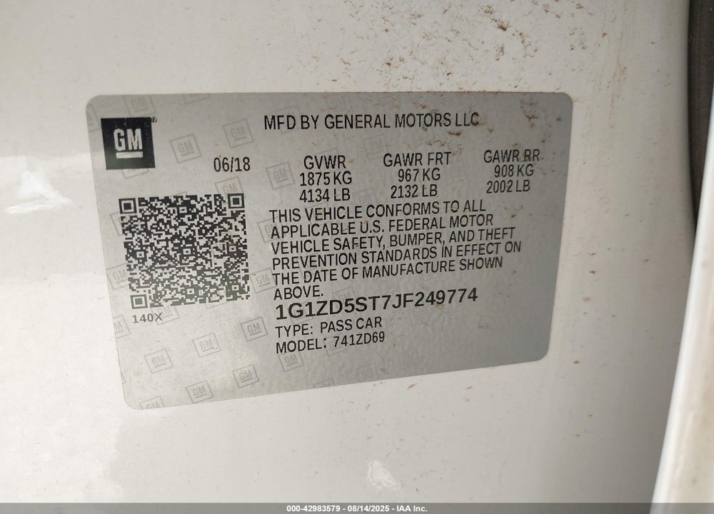 2018 CHEVROLET MALIBU VIN: 1G1ZD5ST7JF249774