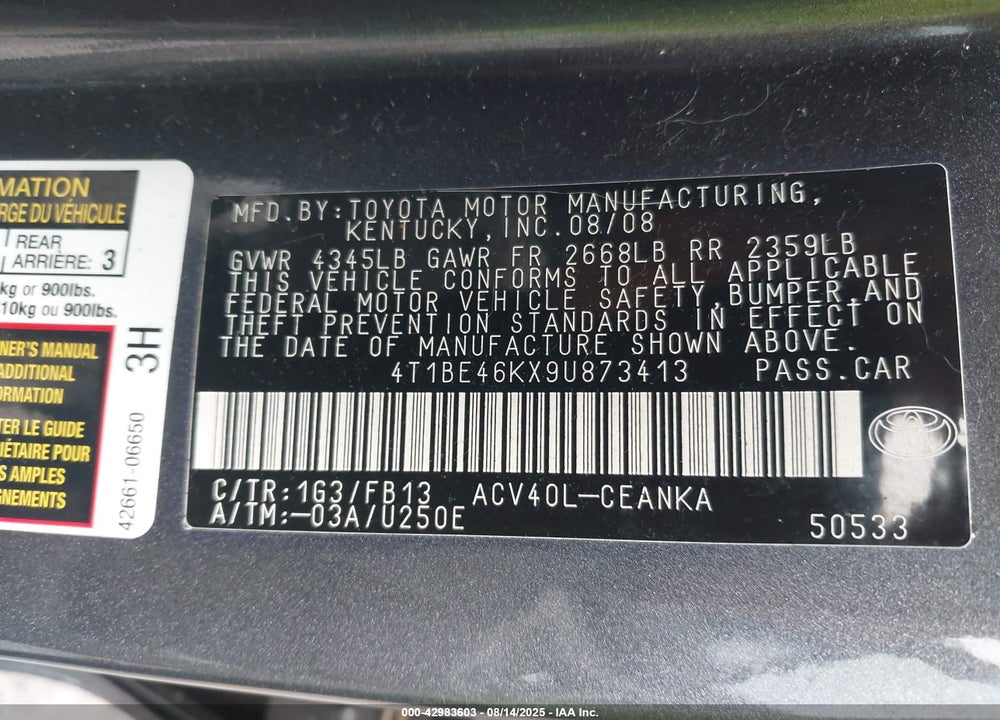 2009 TOYOTA CAMRY VIN: 4T1BE46KX9U873413