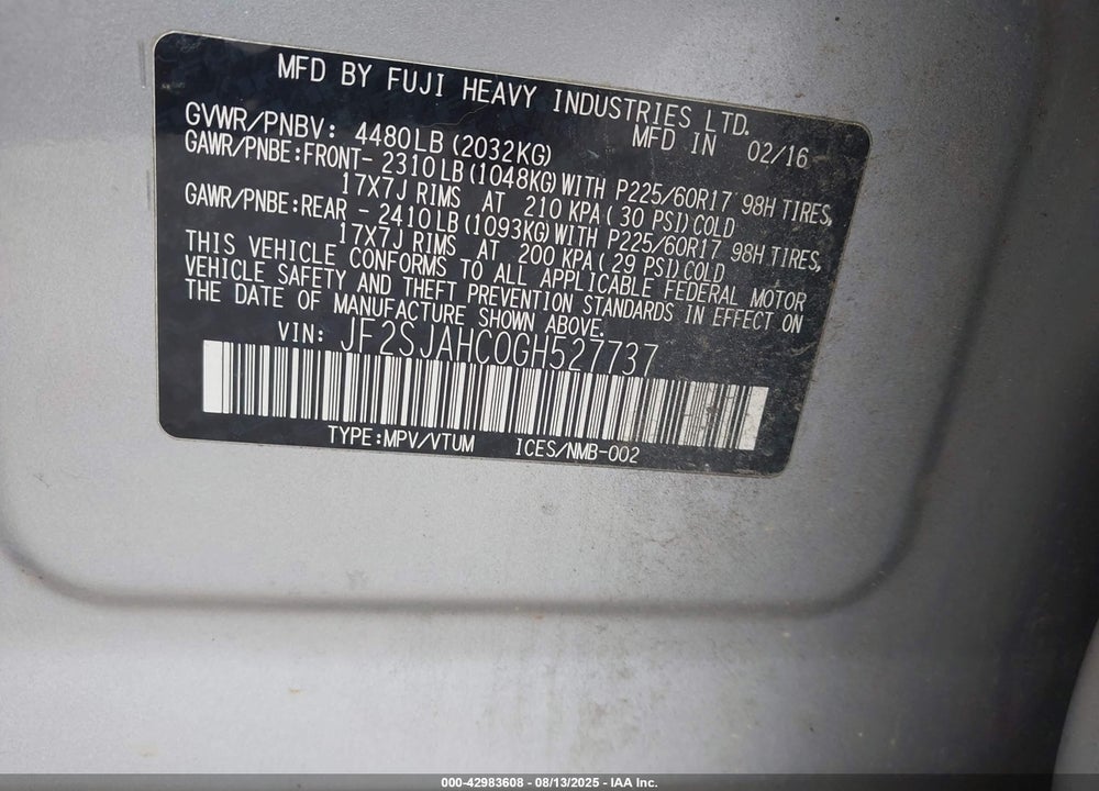 2016 SUBARU FORESTER VIN: JF2SJAHC0GH527737