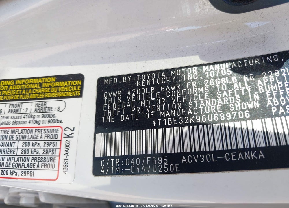 2006 TOYOTA CAMRY VIN: 4T1BE32K96U689706