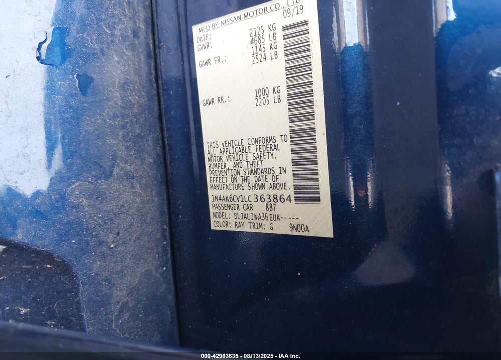 2020 NISSAN MAXIMA VIN: 1N4AA6CV1LC363864