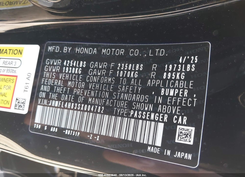 2025 HONDA CIVIC HYBRID VIN: JHMFL4H83SX004782