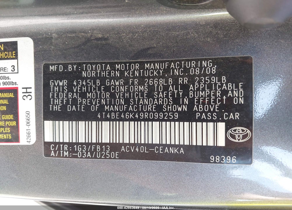 2009 TOYOTA CAMRY VIN: 4T4BE46K49R099259
