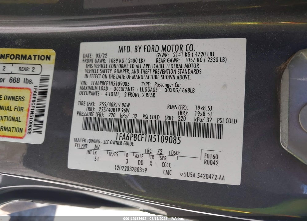 2022 FORD MUSTANG VIN: 1FA6P8CF1N5109085