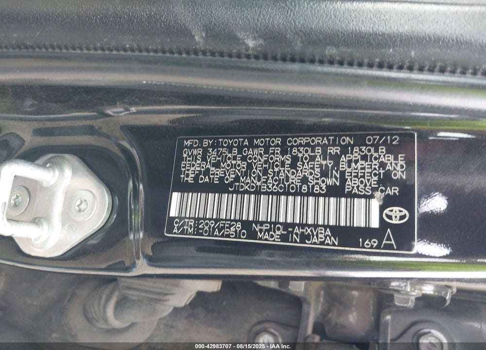 2012 TOYOTA PRIUS C TWO VIN: JTDKDTB36C1018183