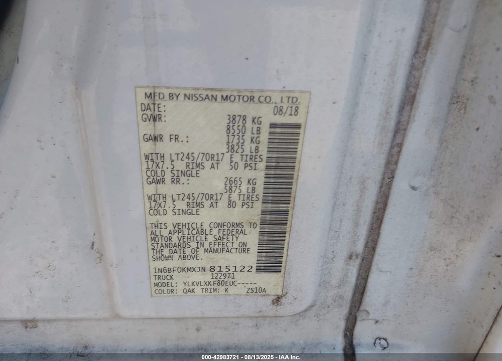 2018 NISSAN NV CARGO NV1500 SV V6 VIN: 1N6BF0KMXJN815122