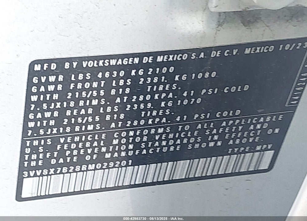 2024 VOLKSWAGEN TAOS VIN: 3VV8X7B28RM029201