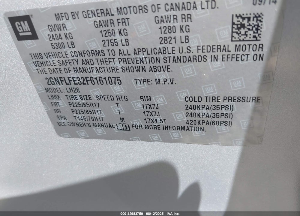 2015 CHEVROLET EQUINOX VIN: 2GNFLFE32F6161075