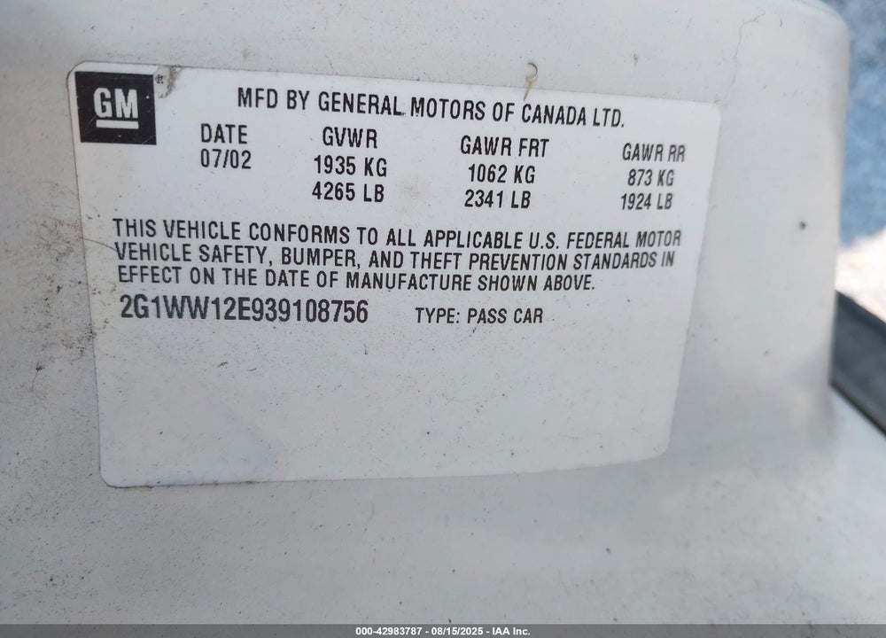 2003 CHEVROLET MONTE CARLO LS VIN: 2G1WW12E939108756