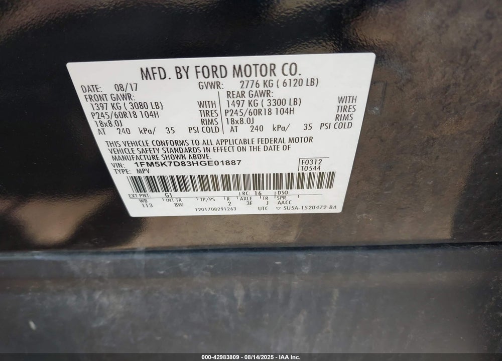 2017 FORD EXPLORER VIN: 1FM5K7D83HGE01887