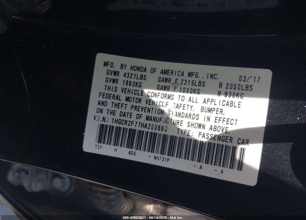 2017 HONDA ACCORD EX VIN: 1HGCR2F77HA200660