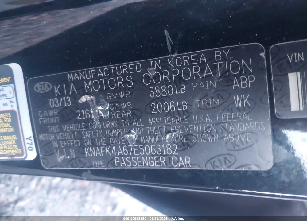 2014 KIA FORTE VIN: KNAFK4A67E5063182