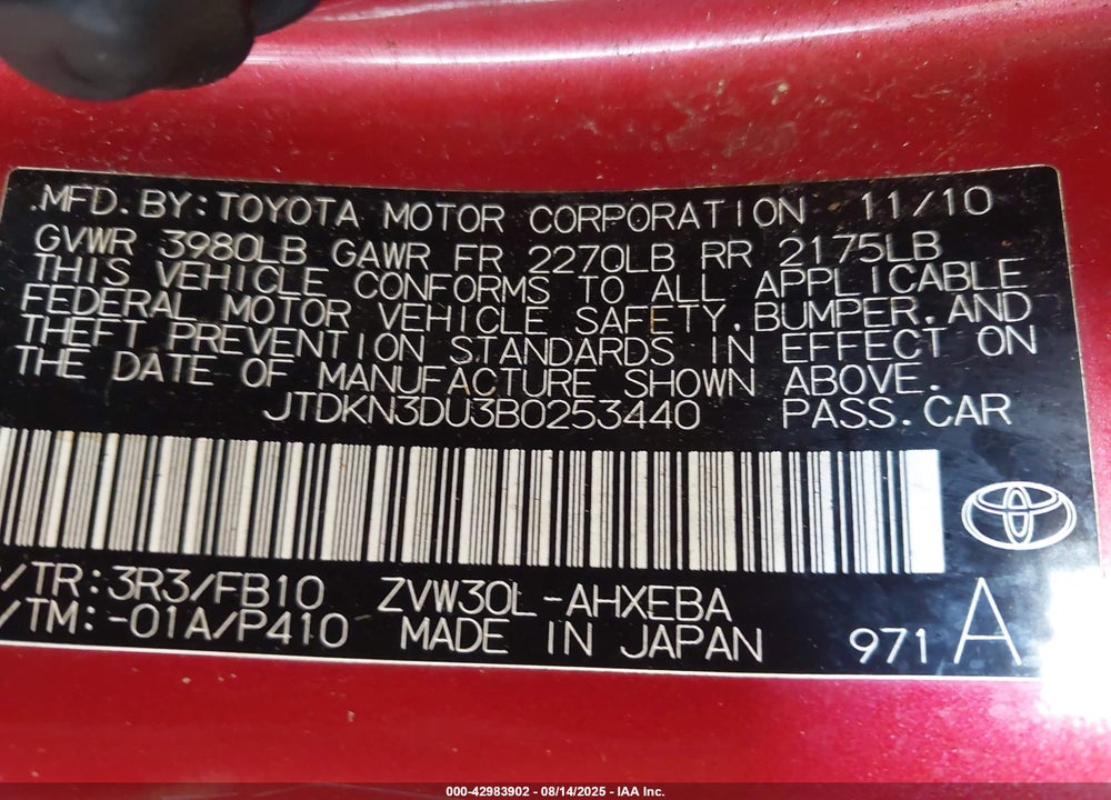 2011 TOYOTA PRIUS VIN: JTDKN3DU3B0253440