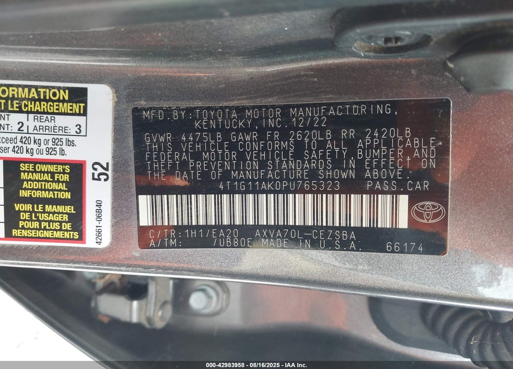 2023 TOYOTA CAMRY SE VIN: 4T1G11AK0PU765323