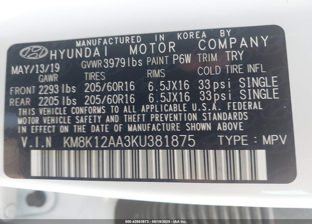 2019 HYUNDAI KONA VIN: KM8K12AA3KU381875