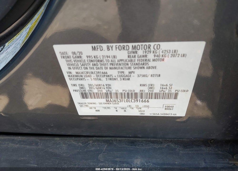 2020 FORD ECOSPORT VIN: MAJ6S3FL0LC391666