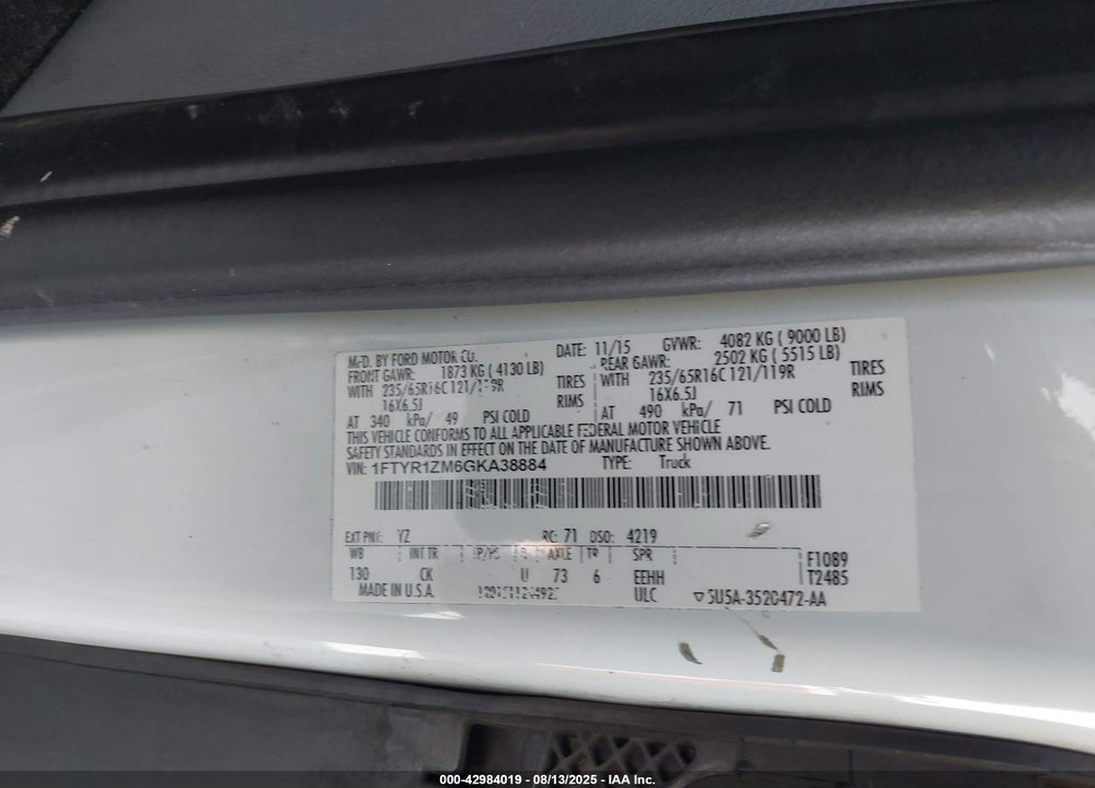 2016 FORD TRANSIT-250 VIN: 1FTYR1ZM6GKA38884