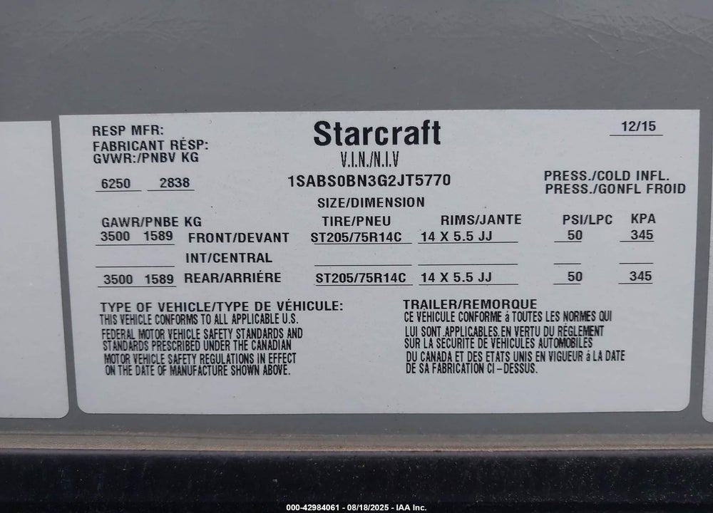 2016 STARCRAFT LAUNCH VIN: 1SABS0BN3G2JT5770