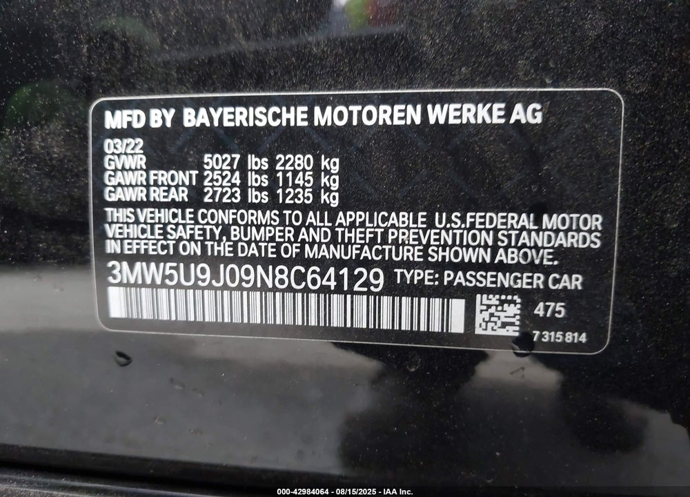 2022 BMW 3 SERIES VIN: 3MW5U9J09N8C64129