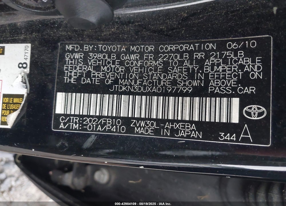 2010 TOYOTA PRIUS VIN: JTDKN3DUXA0197799