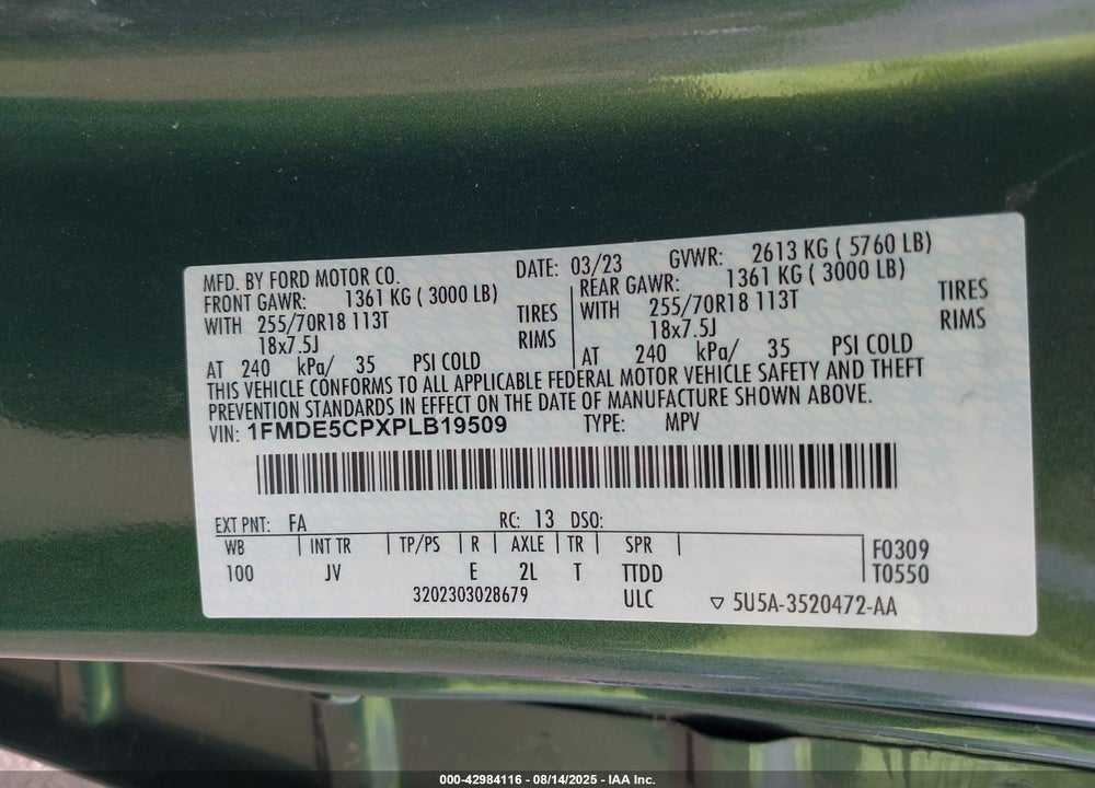 2023 FORD BRONCO VIN: 1FMDE5CPXPLB19509
