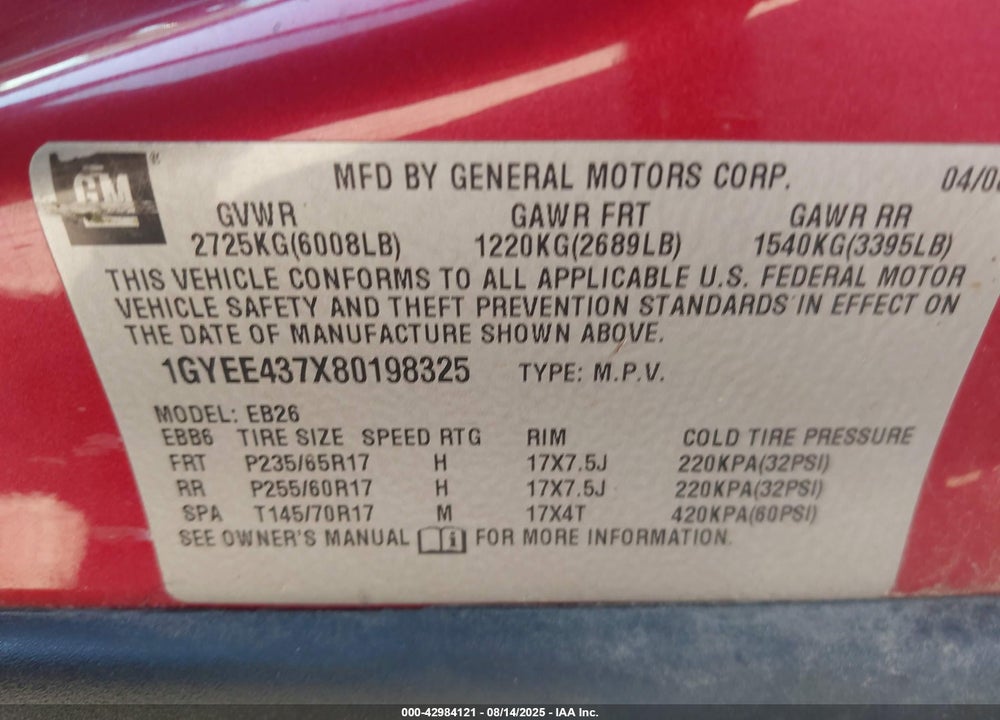 2008 CADILLAC SRX VIN: 1GYEE437X80198325