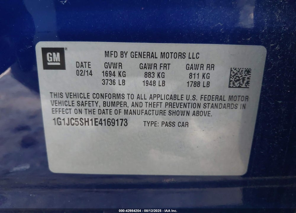 2014 CHEVROLET SONIC VIN: 1G1JC5SH1E4169173