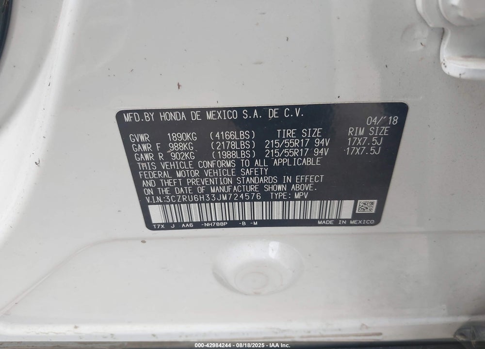 2018 HONDA HR-V VIN: 3CZRU6H33JM724576