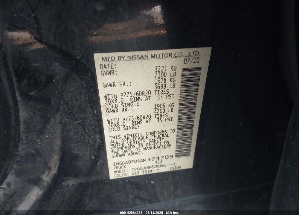 2010 NISSAN TITAN LE VIN: 1N6BA0ED5AN324709