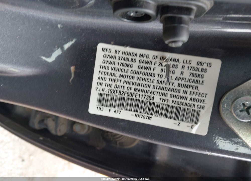 2015 HONDA CIVIC VIN: 19XFB2F50FE117354