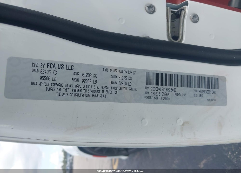 2018 DODGE CHARGER VIN: 2C3CDXL92JH220486