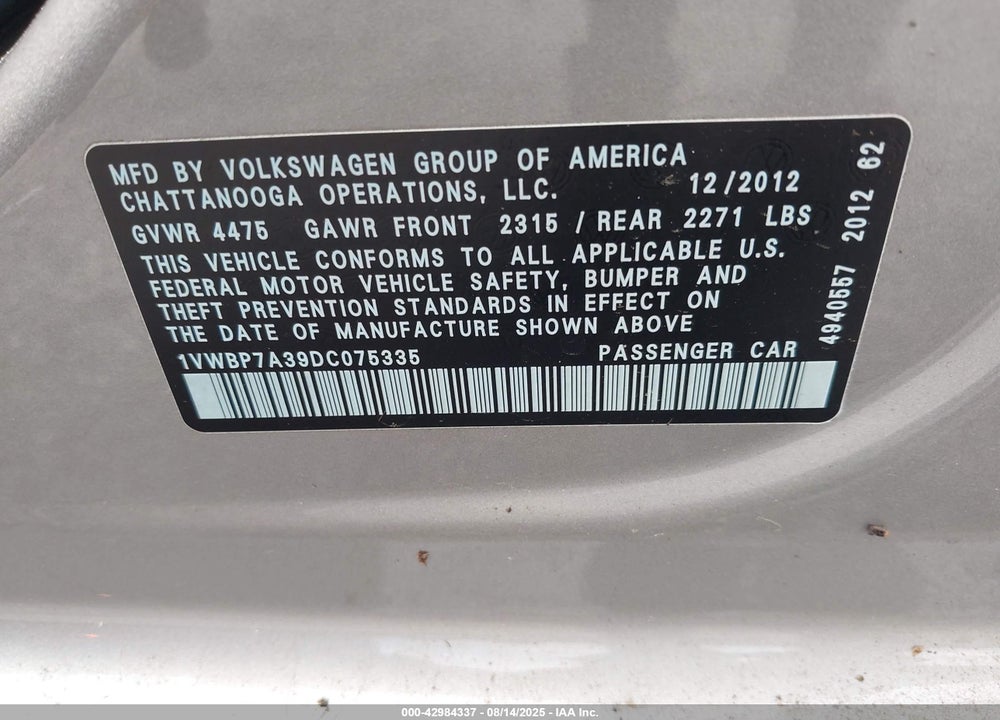 2013 VOLKSWAGEN PASSAT VIN: 1VWBP7A39DC075335