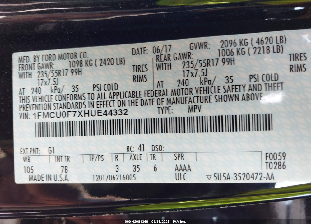 2017 FORD ESCAPE VIN: 1FMCU0F7XHUE44332