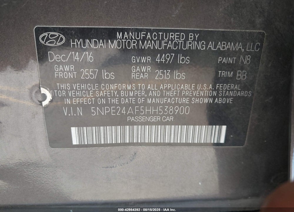 2017 HYUNDAI SONATA VIN: 5NPE24AF5HH538900