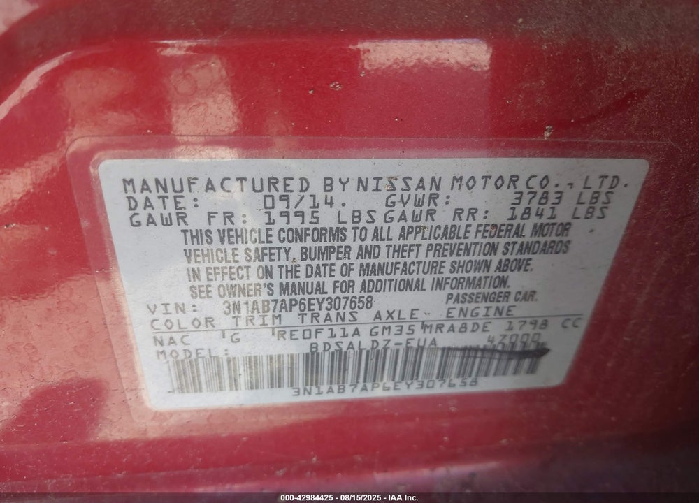 2014 NISSAN SENTRA VIN: 3N1AB7AP6EY307658