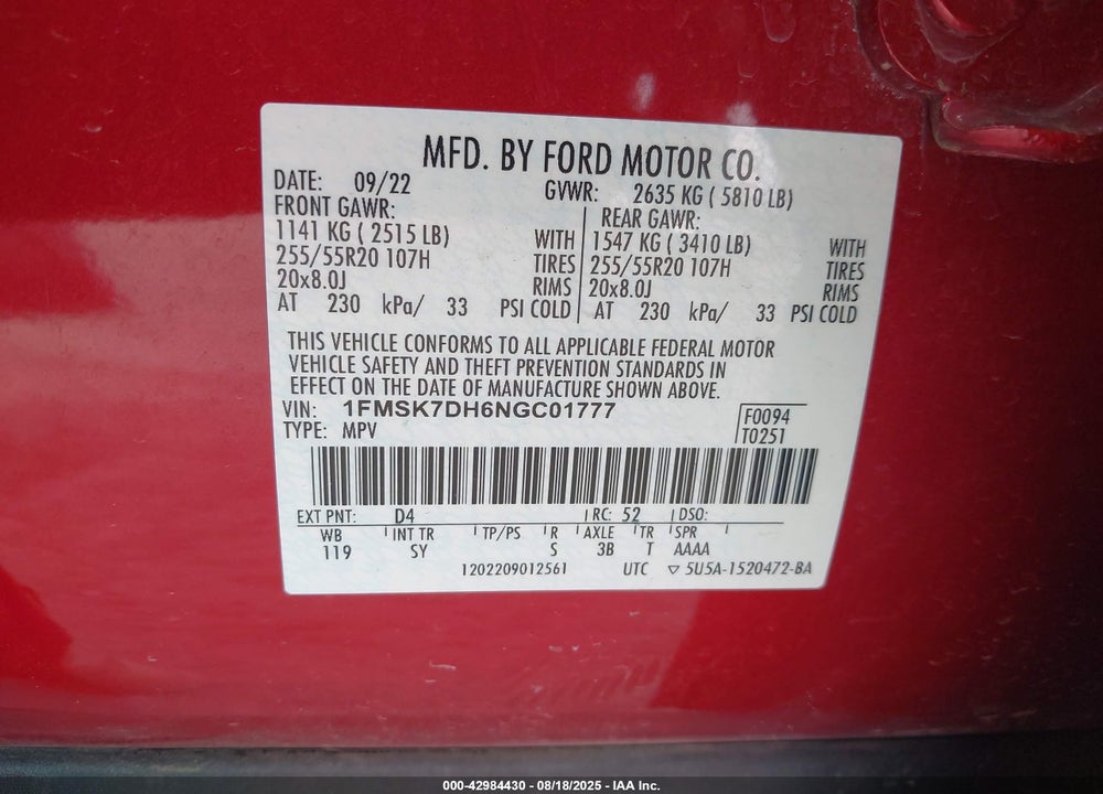 2022 FORD EXPLORER VIN: 1FMSK7DH6NGC01777