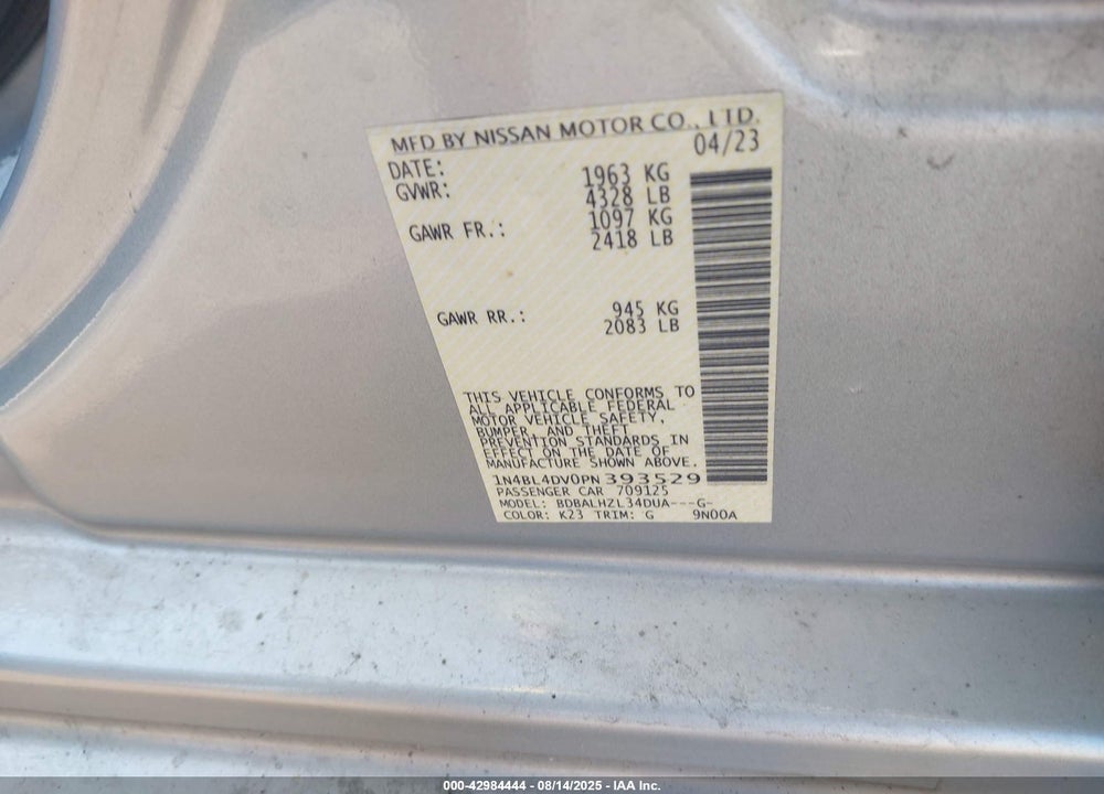 2023 NISSAN ALTIMA VIN: 1N4BL4DV0PN393529