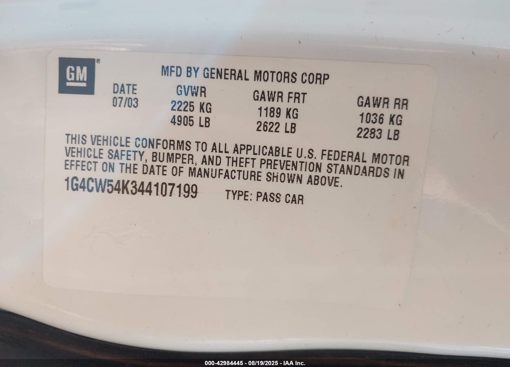 2004 BUICK PARK AVENUE VIN: 1G4CW54K344107199