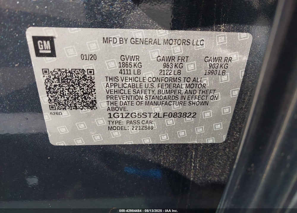 2020 CHEVROLET MALIBU VIN: 1G1ZG5ST2LF083822