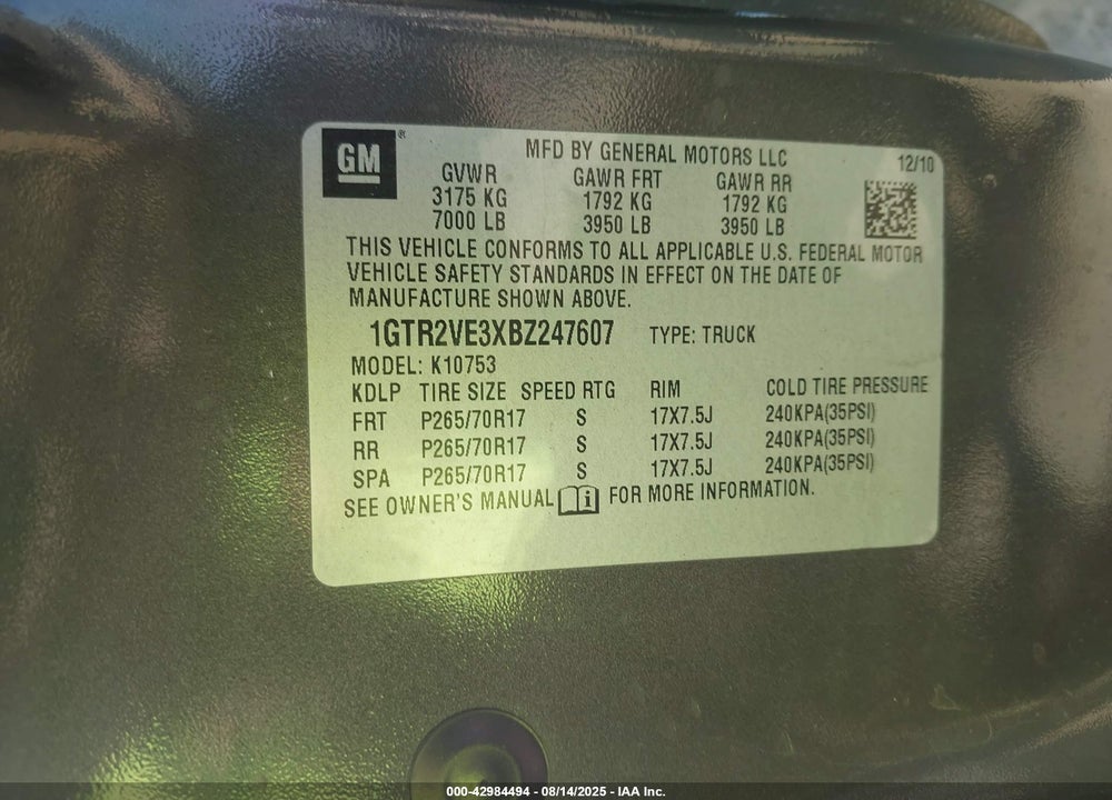 2011 GMC SIERRA 1500 VIN: 1GTR2VE3XBZ247607
