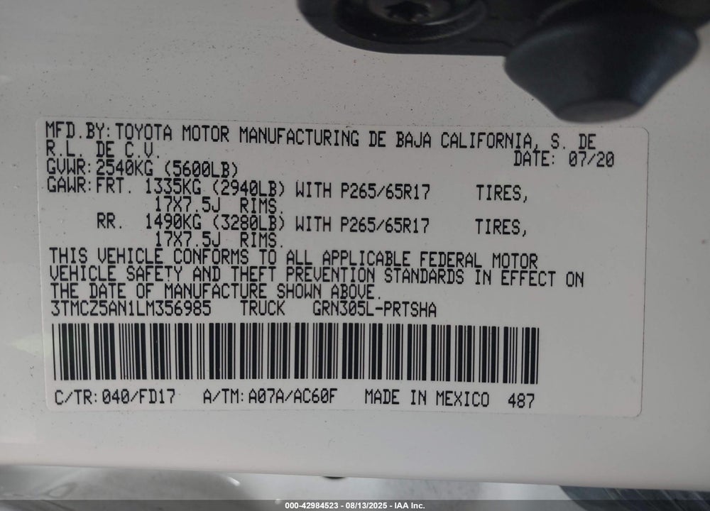 2020 TOYOTA TACOMA VIN: 3TMCZ5AN1LM356985