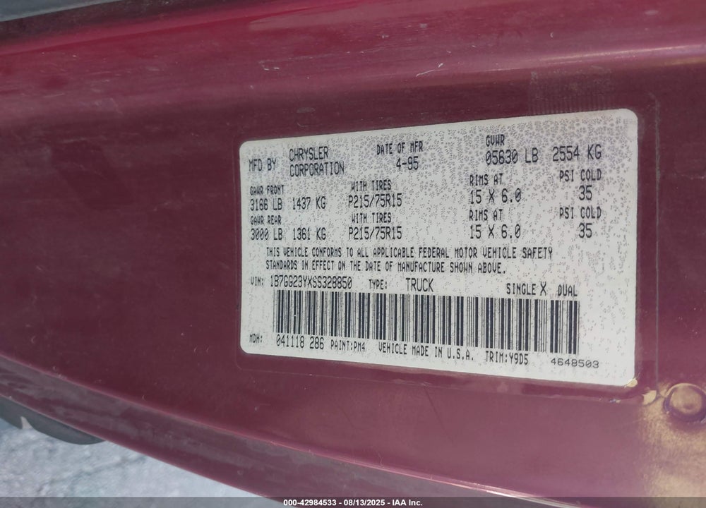 1995 DODGE DAKOTA VIN: 1B7GG23YXSS328850