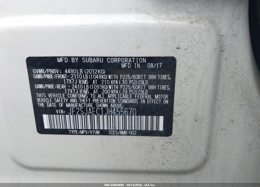 2018 SUBARU FORESTER VIN: JF2SJAEC1JH455670