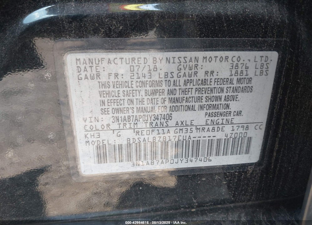 2018 NISSAN SENTRA VIN: 3N1AB7AP0JY347406