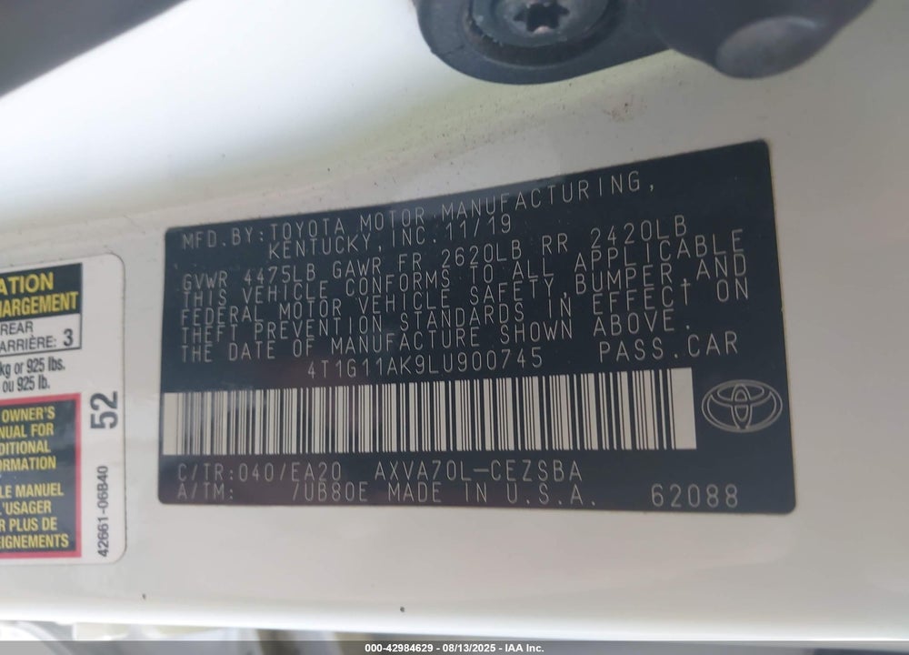 2020 TOYOTA CAMRY SE VIN: 4T1G11AK9LU900745