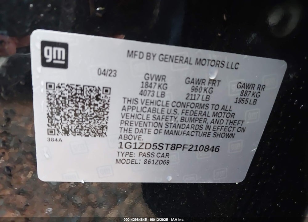 2023 CHEVROLET MALIBU FWD 1LT VIN: 1G1ZD5ST8PF210846