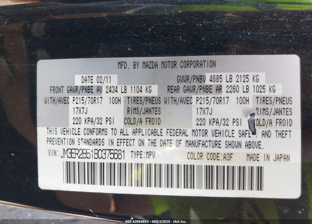 2011 MAZDA CX-7 I SPORT VIN: JM3ER2B51B0375681