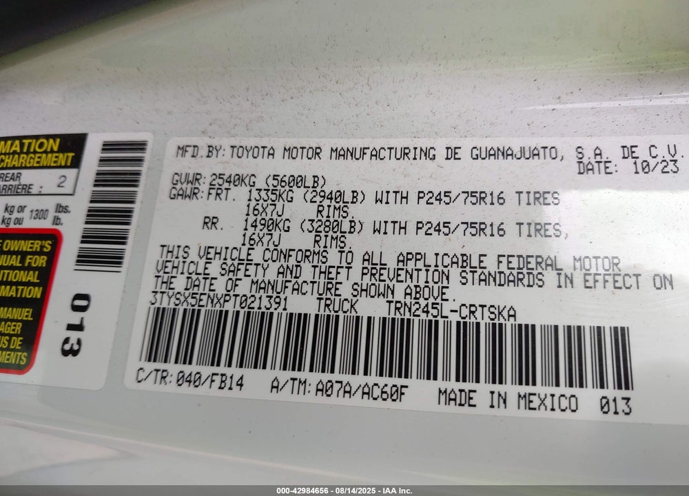 2023 TOYOTA TACOMA VIN: 3TYSX5ENXPT021391