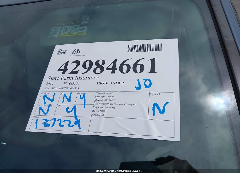 2014 TOYOTA HIGHLANDER VIN: 5TDDKRFH5ES056338